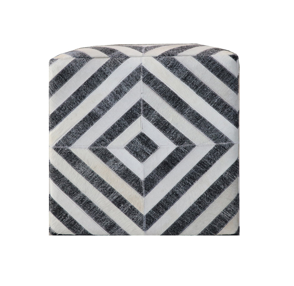 Dark Gray and Ivory Hair on Hide Cube Geometric Pouf Ottoman By Homeroots | Ottomans | Modishstore - 3