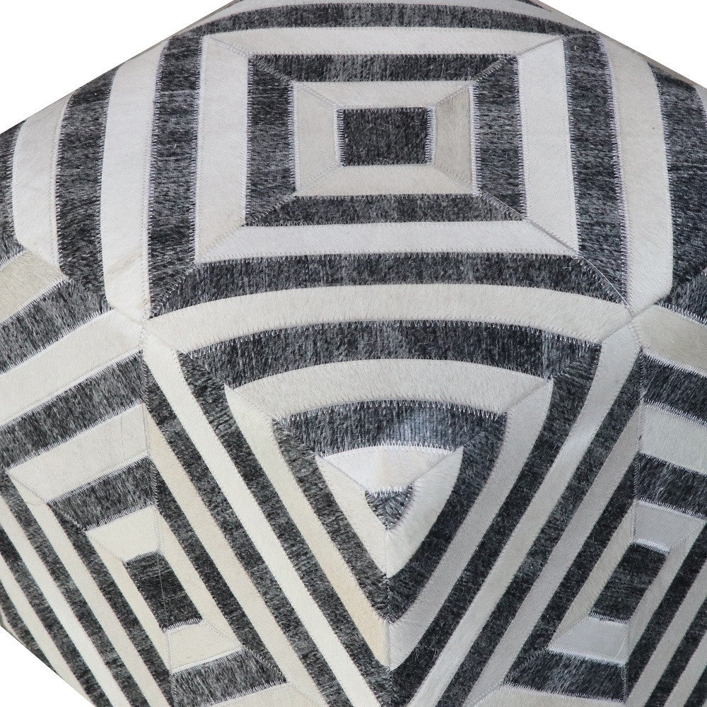 Dark Gray and Ivory Hair on Hide Cube Geometric Pouf Ottoman By Homeroots | Ottomans | Modishstore - 5