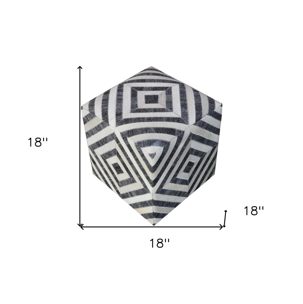 Dark Gray and Ivory Hair on Hide Cube Geometric Pouf Ottoman By Homeroots | Ottomans | Modishstore - 6