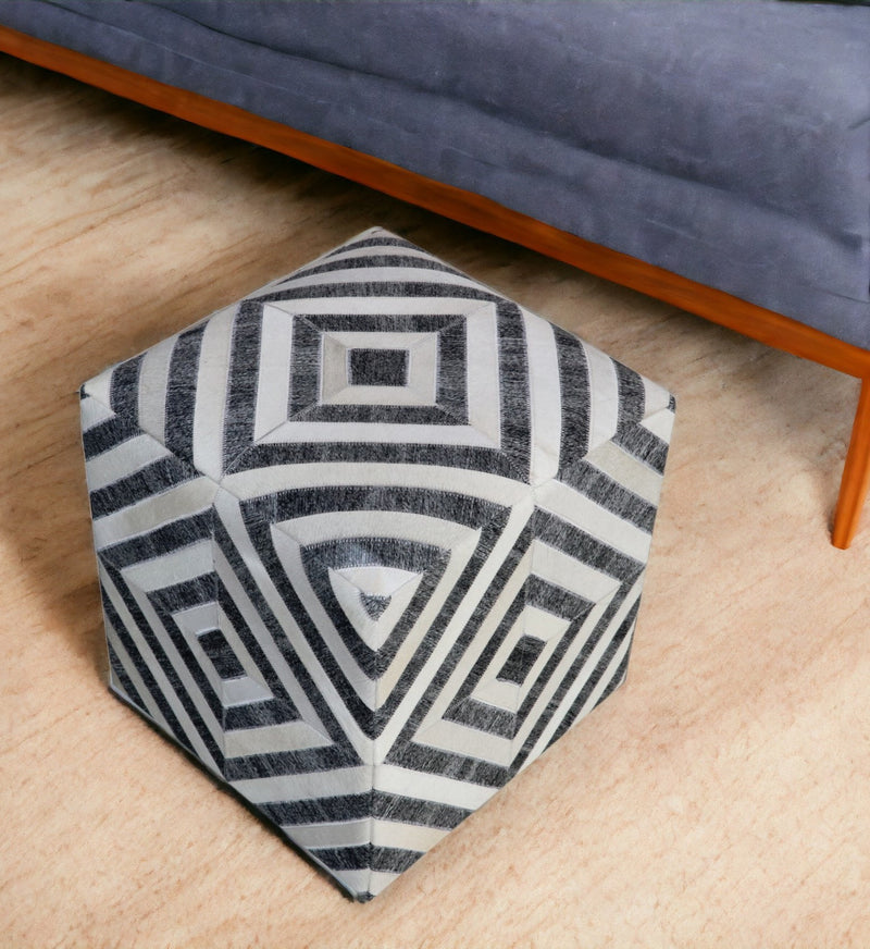 Dark Gray and Ivory Hair on Hide Cube Geometric Pouf Ottoman By Homeroots | Ottomans | Modishstore - 1