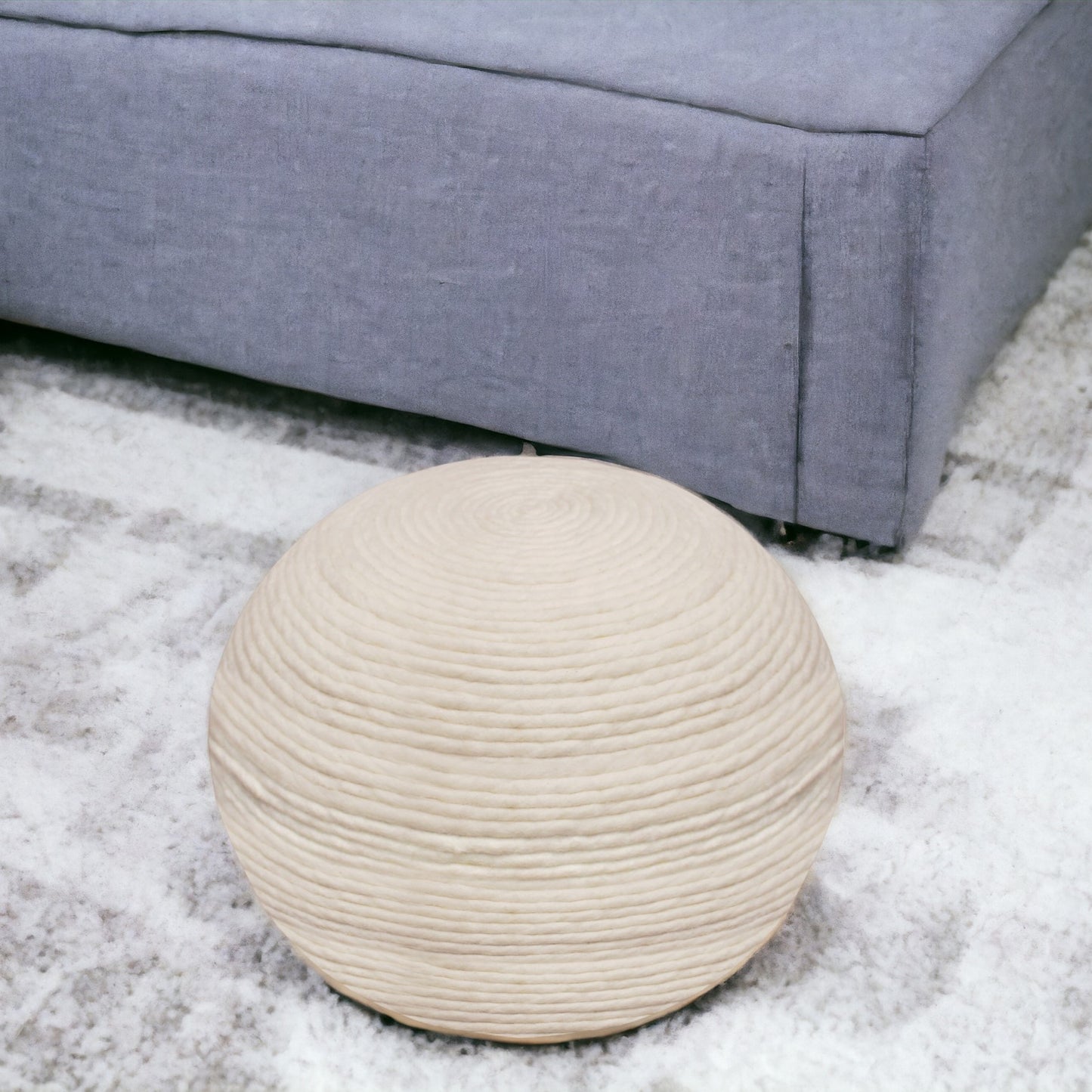 Ivory Wool Round Ribbed Pouf Ottoman By Homeroots | Ottomans | Modishstore - 1