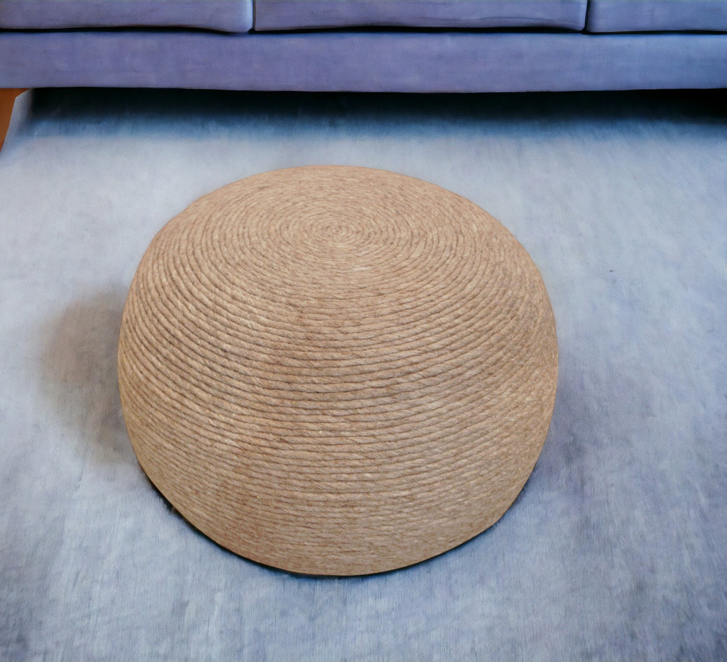 Beige Wool Round Ribbed Pouf Ottoman By Homeroots | Ottomans | Modishstore - 1