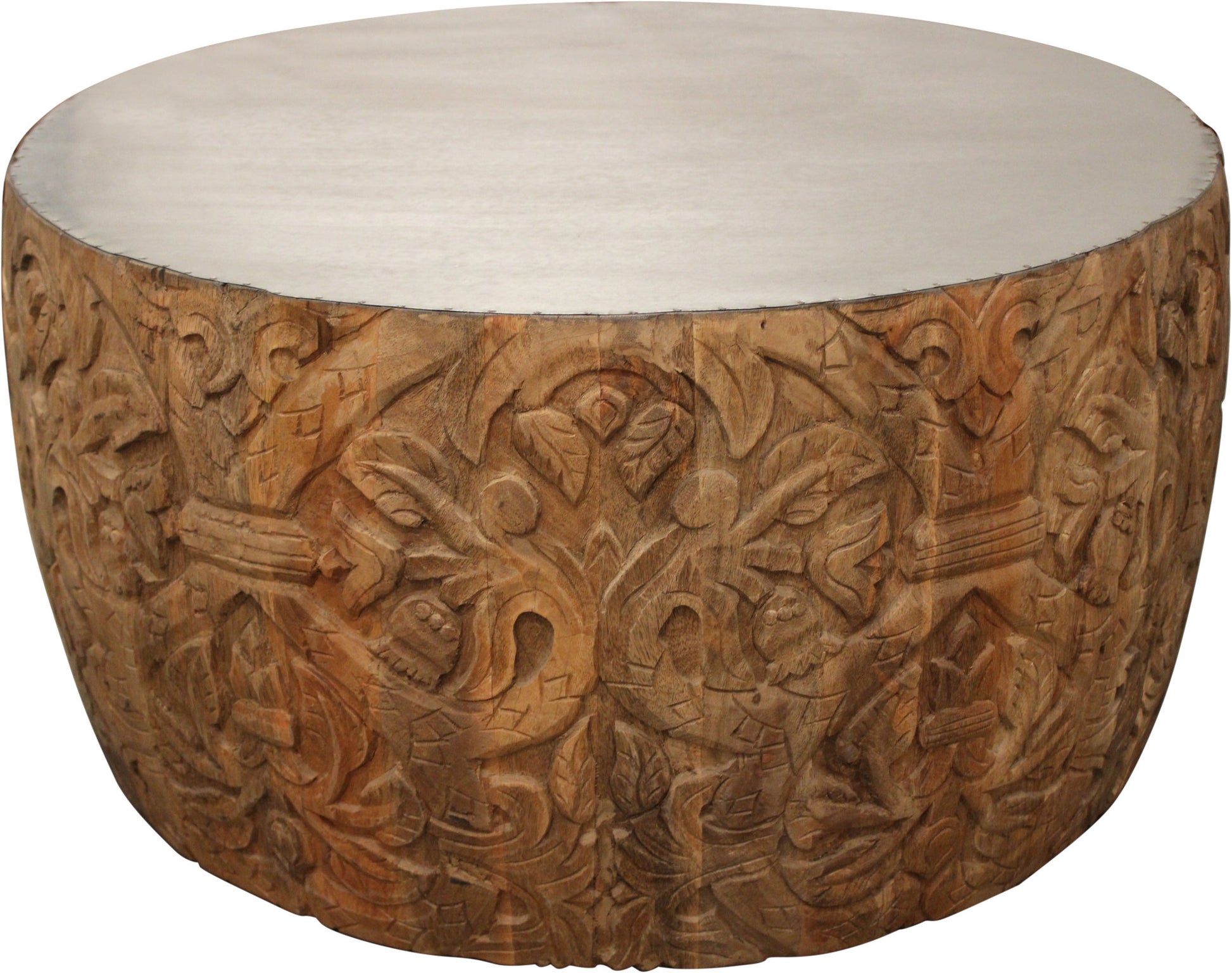 White and Natural Iron and Solid Wood Round Drum Coffee Table By Homeroots | Coffee Tables | Modishstore - 1