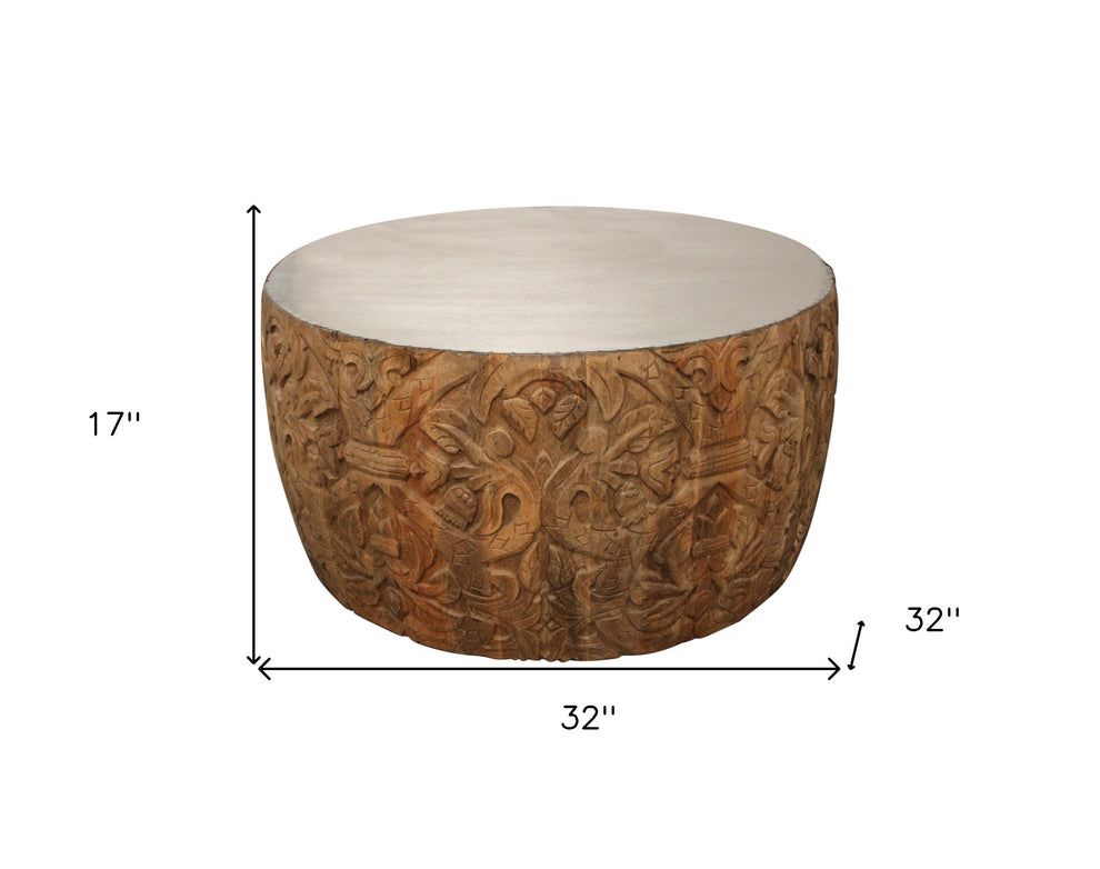 White and Natural Iron and Solid Wood Round Drum Coffee Table By Homeroots | Coffee Tables | Modishstore - 5