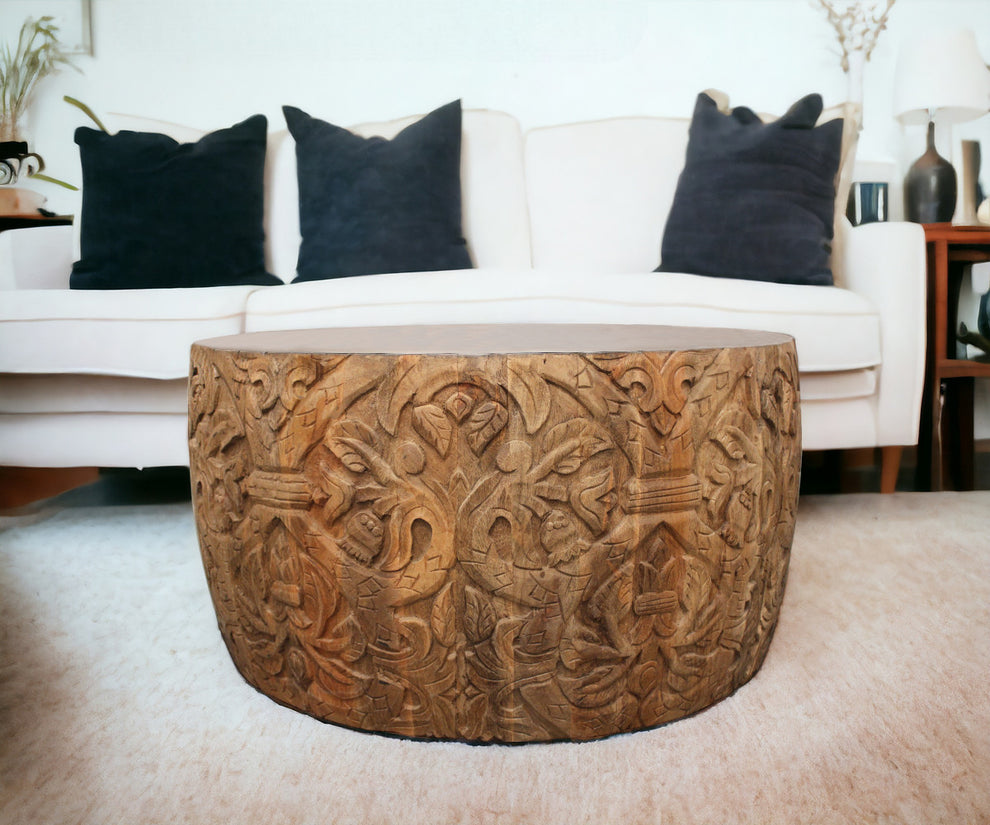 White and Natural Iron and Solid Wood Round Drum Coffee Table By Homeroots | Coffee Tables | Modishstore - 2