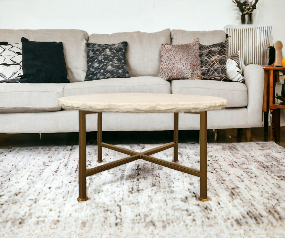 Ivory and Brass Genuine Marble and Iron Round Frame Coffee Table By Homeroots | Coffee Tables | Modishstore - 2