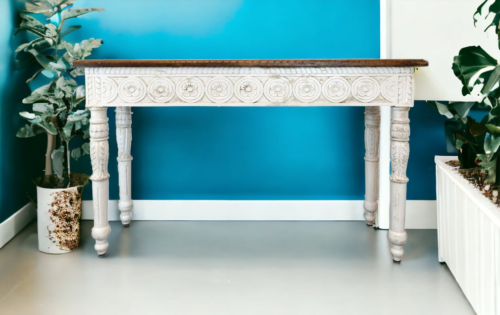 Natural and White Solid Wood Distressed Console Table By Homeroots | Console Tables | Modishstore - 4