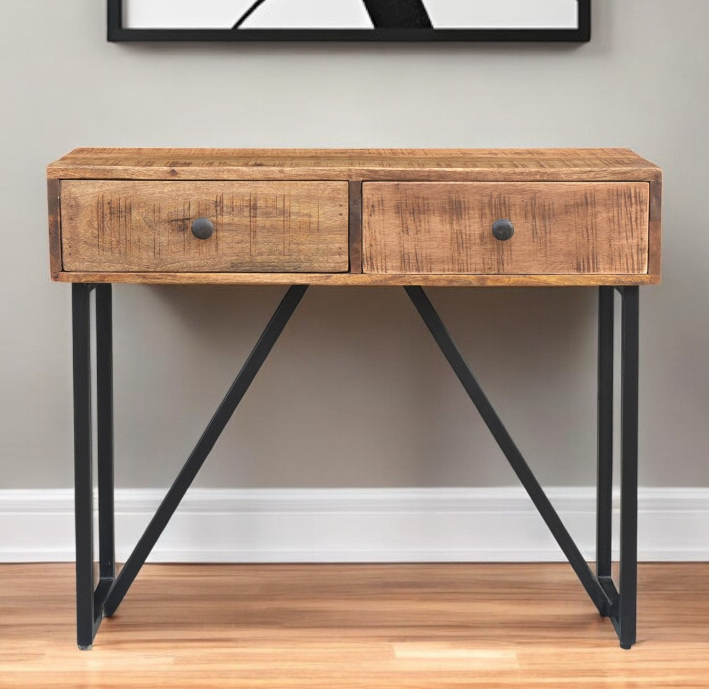 Natural and Black Solid Wood Distressed Frame Console Table And Drawers By Homeroots | Console Tables | Modishstore - 1