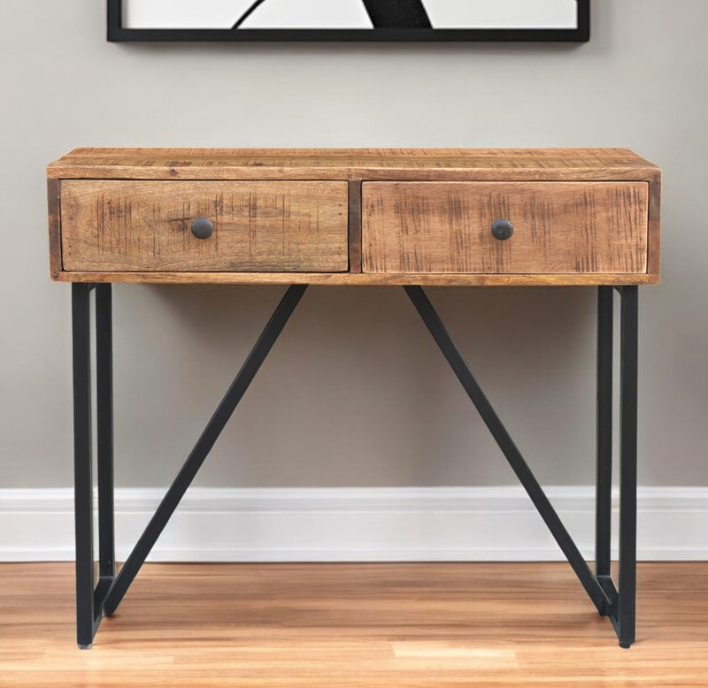 Natural and Black Solid Wood Distressed Frame Console Table And Drawers By Homeroots | Console Tables | Modishstore - 1