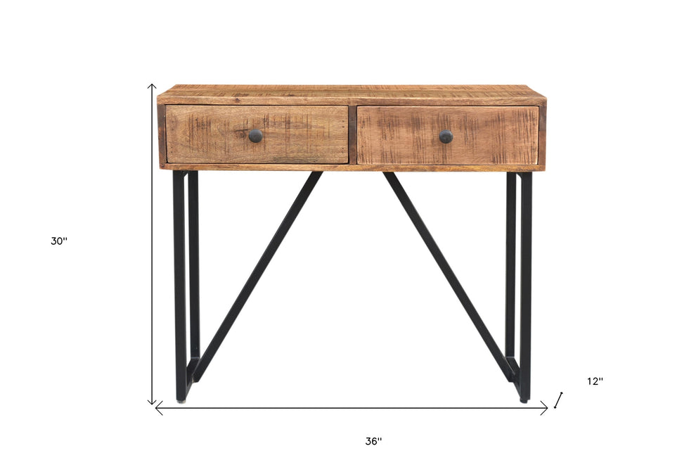 Natural and Black Solid Wood Distressed Frame Console Table And Drawers By Homeroots | Console Tables | Modishstore - 5