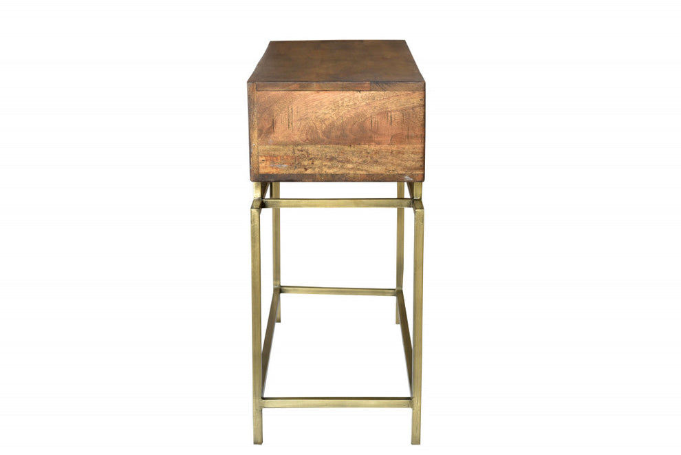 Brown and Brass Solid Wood Distressed Frame Console Table With Storage By Homeroots | Console Tables | Modishstore - 6