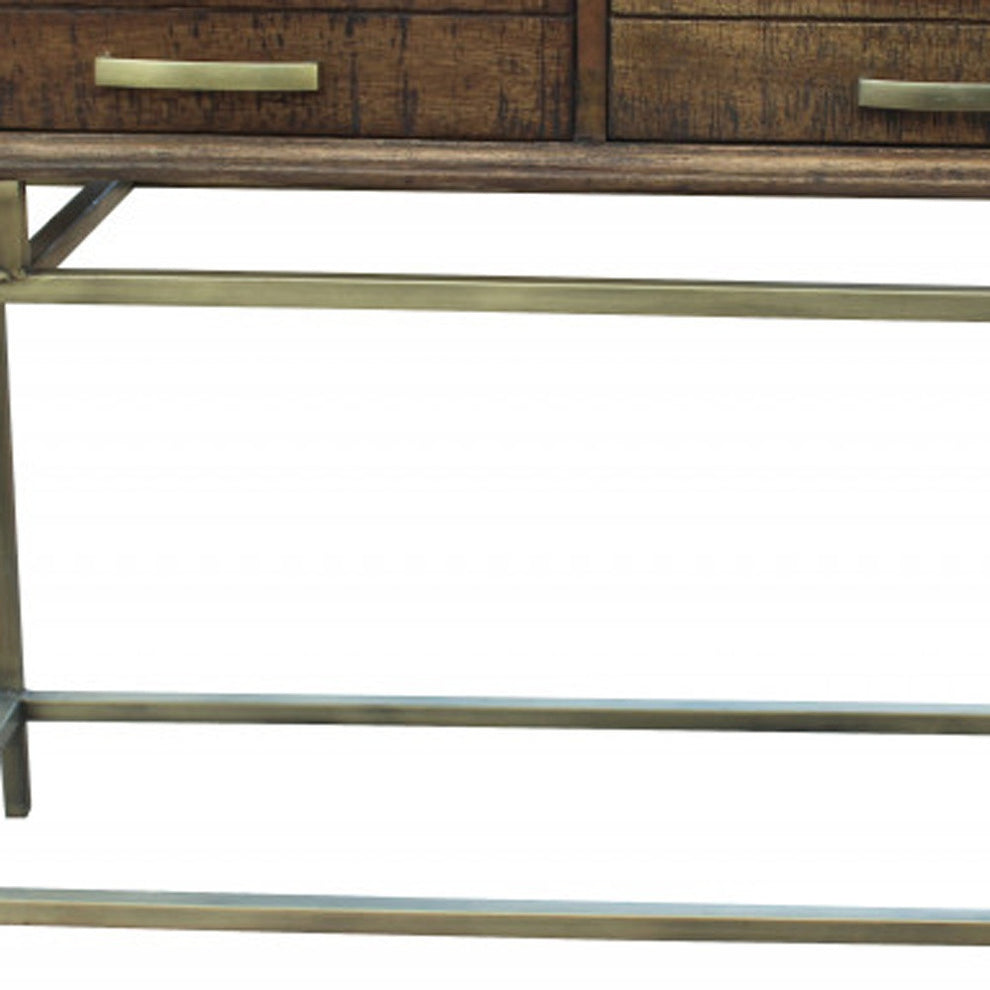 Brown and Brass Solid Wood Distressed Frame Console Table With Storage By Homeroots | Console Tables | Modishstore - 3