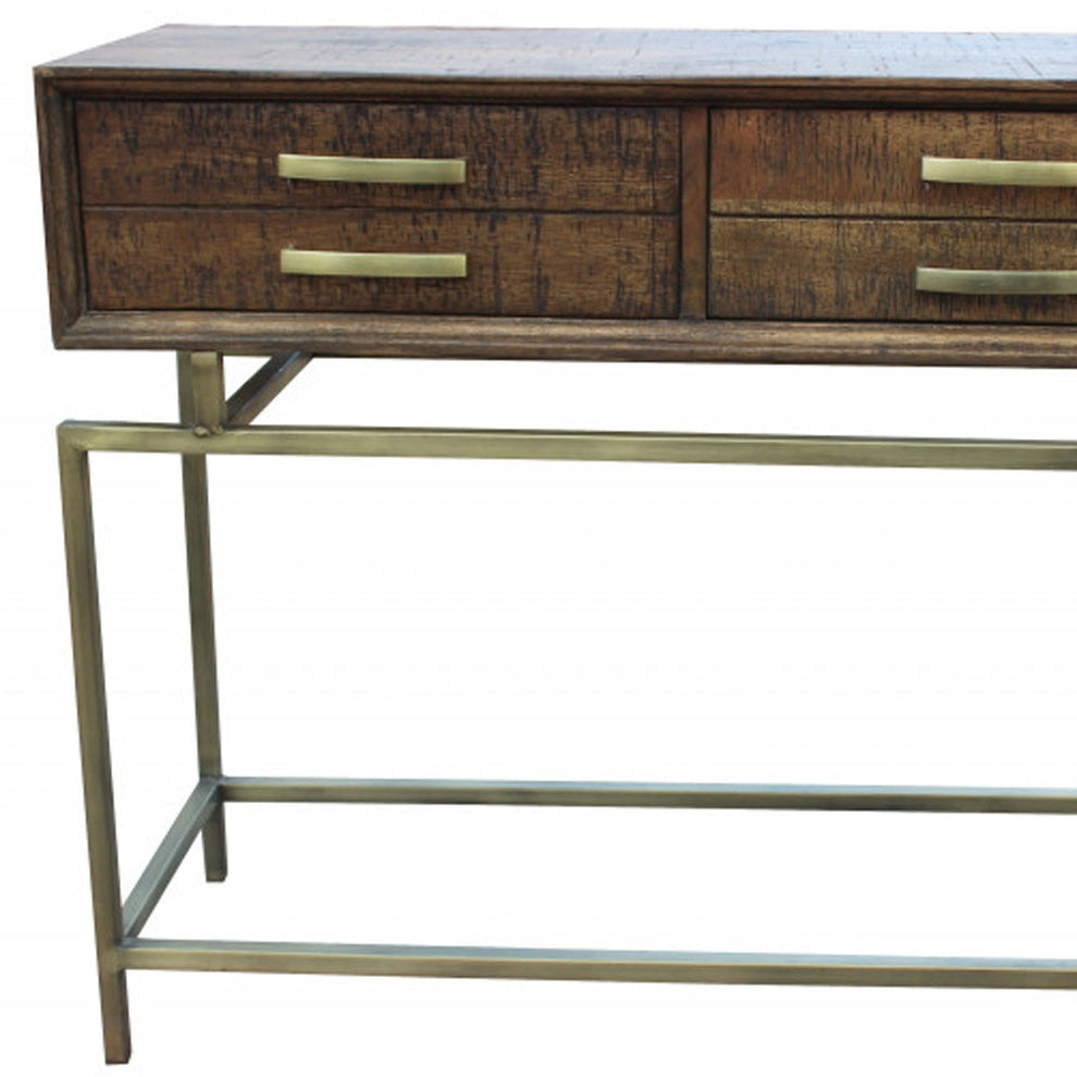 Brown and Brass Solid Wood Distressed Frame Console Table With Storage By Homeroots | Console Tables | Modishstore - 4
