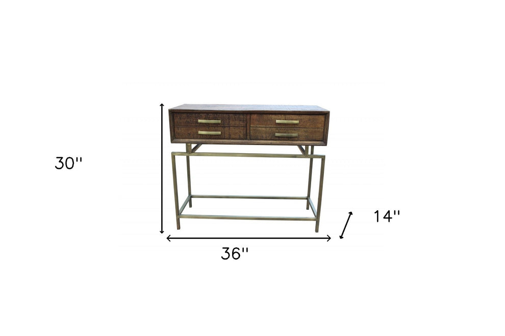 Brown and Brass Solid Wood Distressed Frame Console Table With Storage By Homeroots | Console Tables | Modishstore - 5