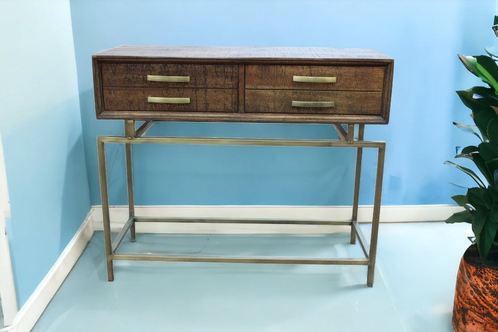 Brown and Brass Solid Wood Distressed Frame Console Table With Storage By Homeroots | Console Tables | Modishstore - 2