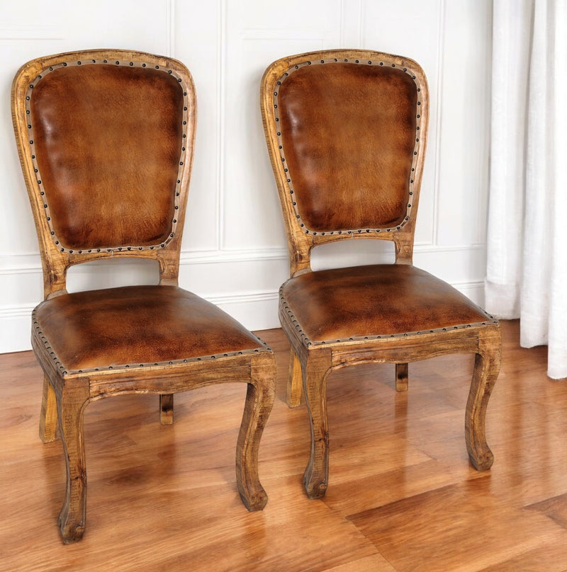 Set of Two Mahogany And Brown Upholstered Leather King Louis Back Dining Side Chairs By Homeroots | Dining Chairs | Modishstore - 1
