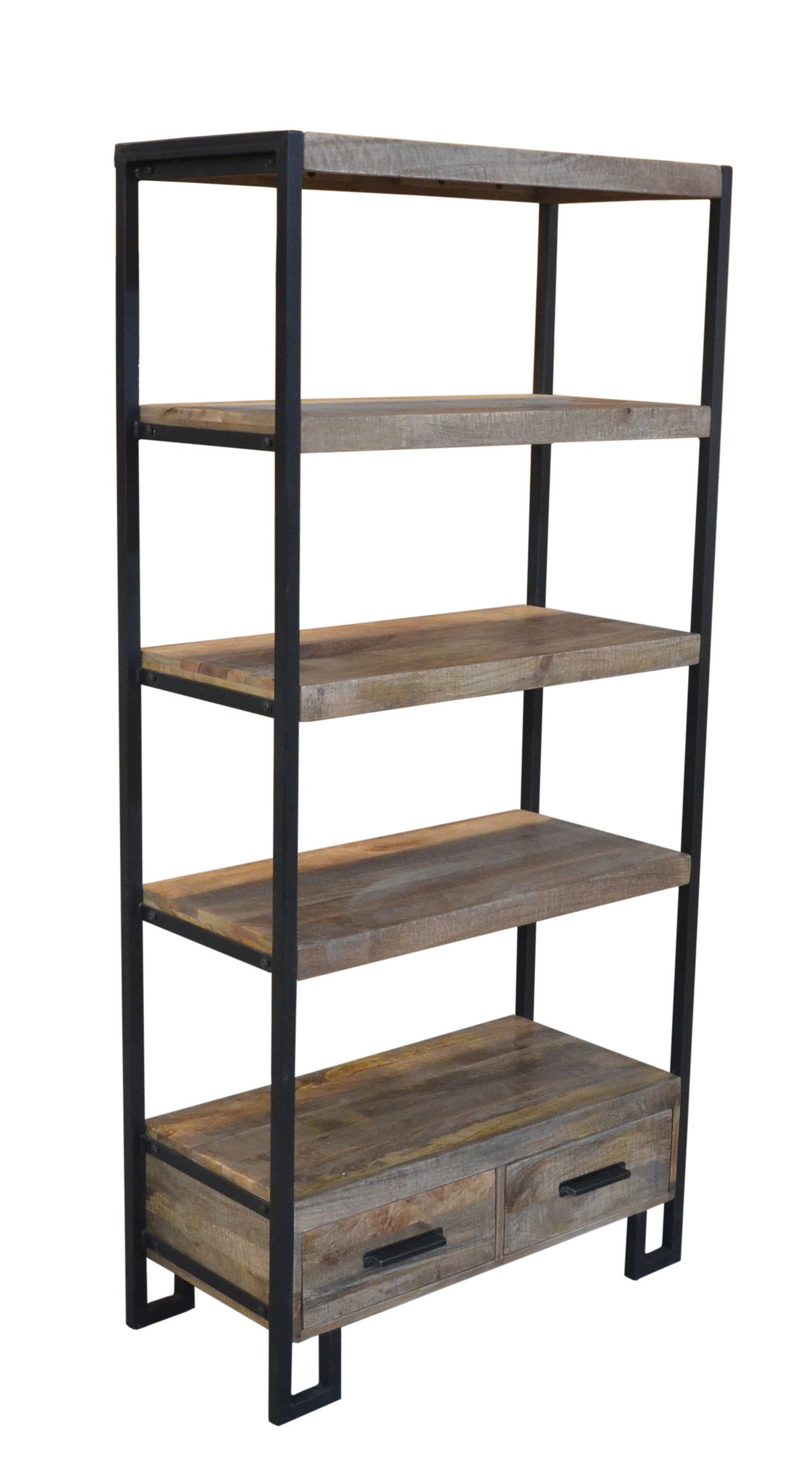 Brown Distressed Solid Wood Four Tier Etagere Bookcase with Two Drawers By Homeroots | Bookcases | Modishstore - 2