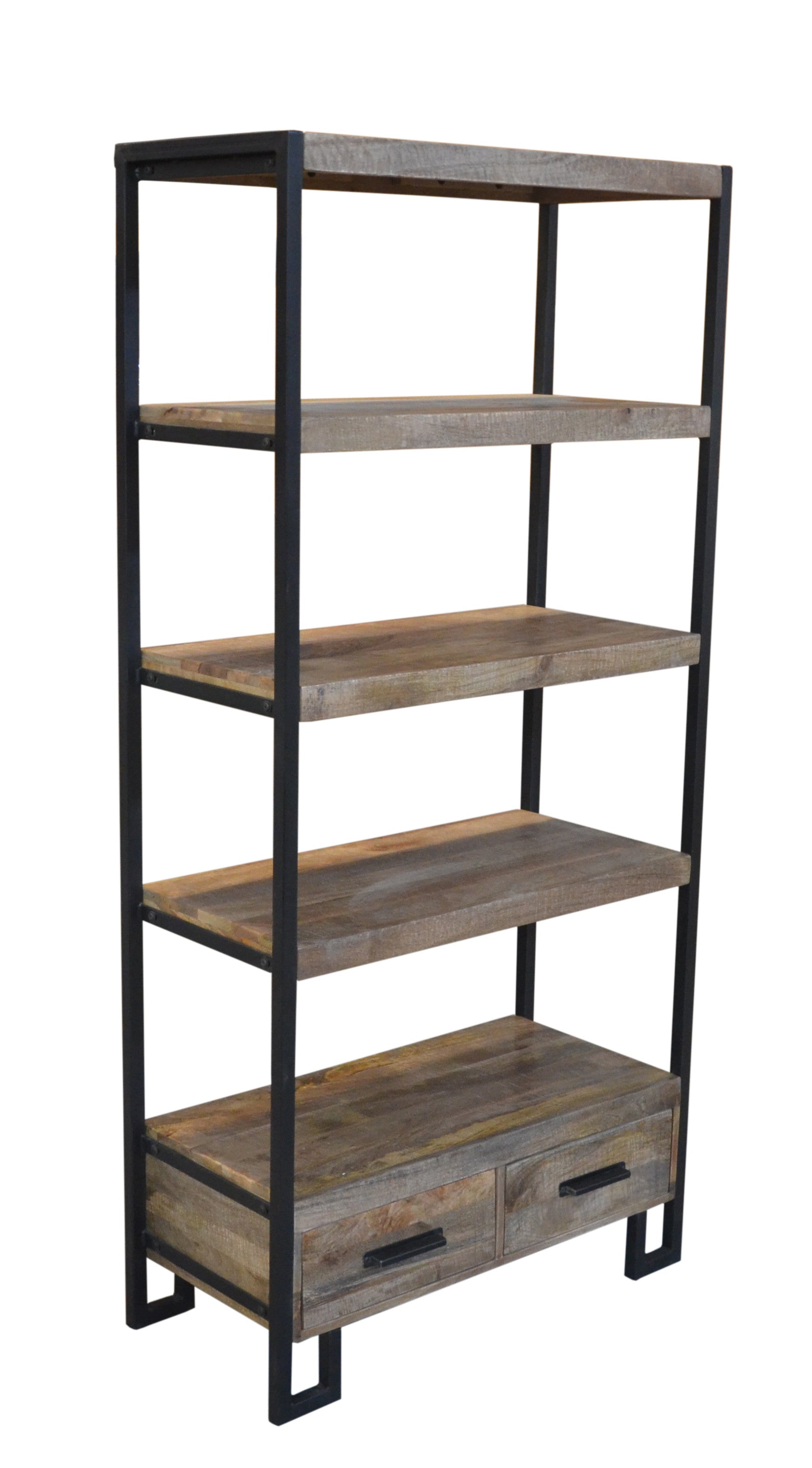 Brown Distressed Solid Wood Four Tier Etagere Bookcase with Two Drawers By Homeroots | Bookcases | Modishstore - 2