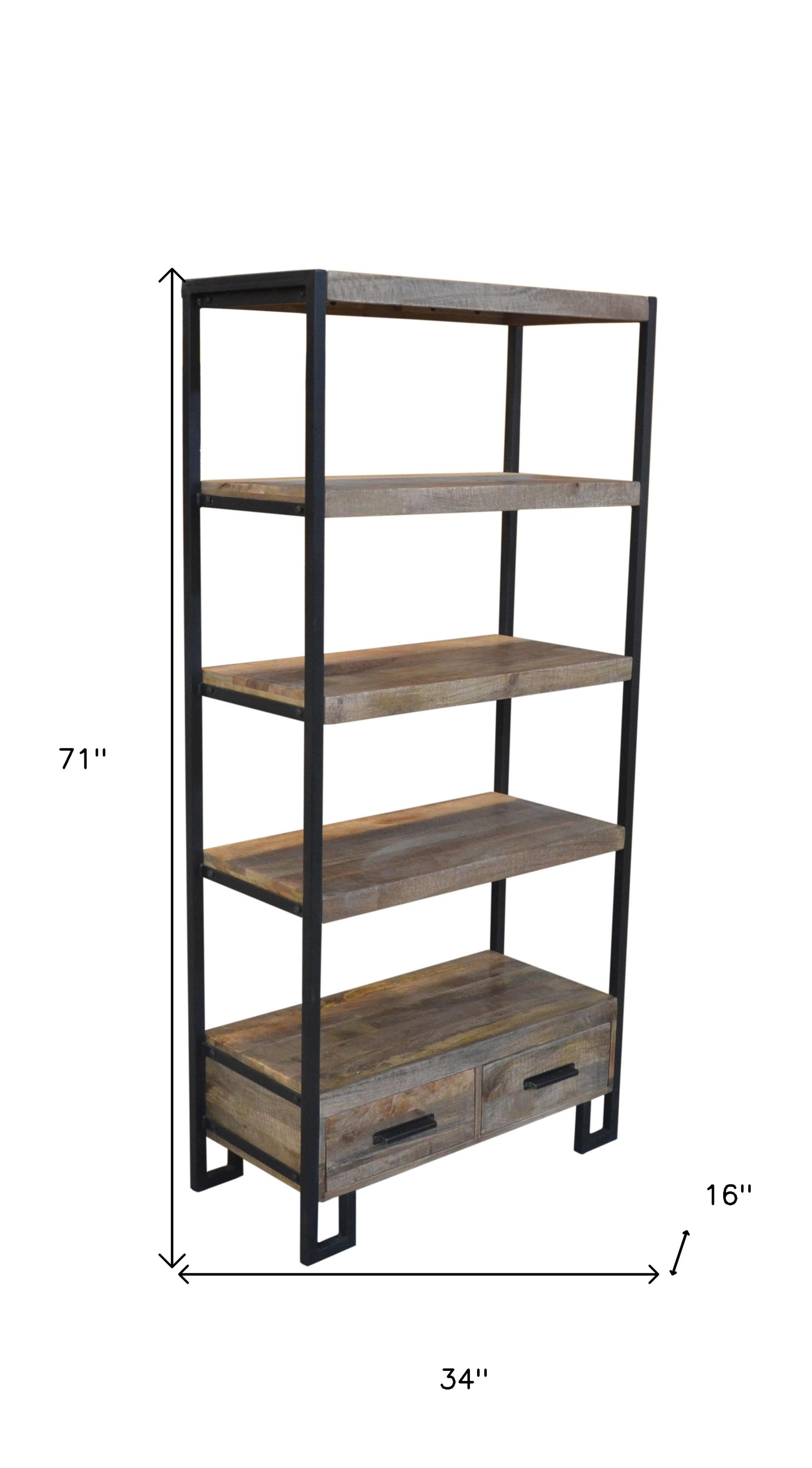 Brown Distressed Solid Wood Four Tier Etagere Bookcase with Two Drawers By Homeroots | Bookcases | Modishstore - 3