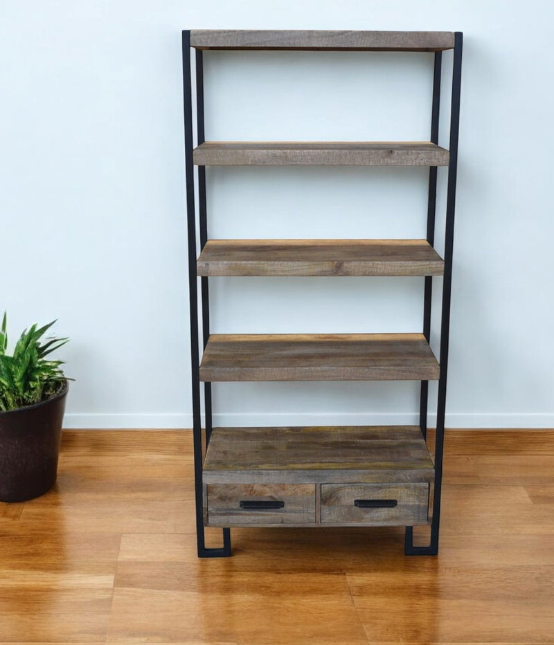 Brown Distressed Solid Wood Four Tier Etagere Bookcase with Two Drawers By Homeroots | Bookcases | Modishstore - 1