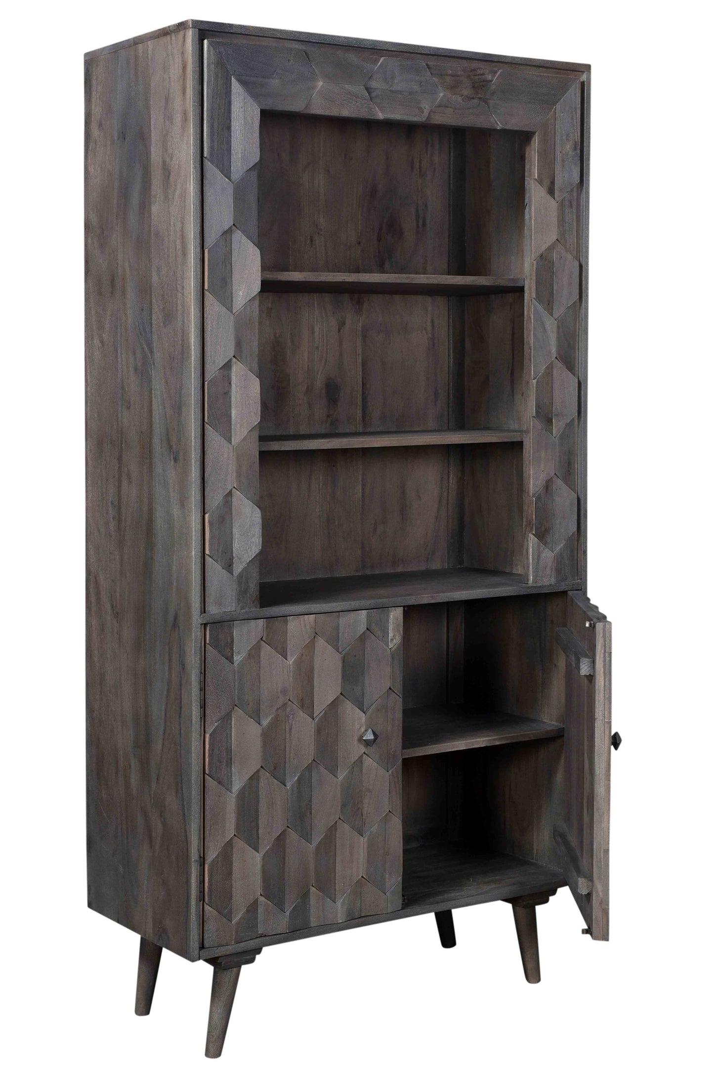 Gray Distressed Solid Wood Three Tier Bookcase with Two Doors By Homeroots | Bookcases | Modishstore - 2