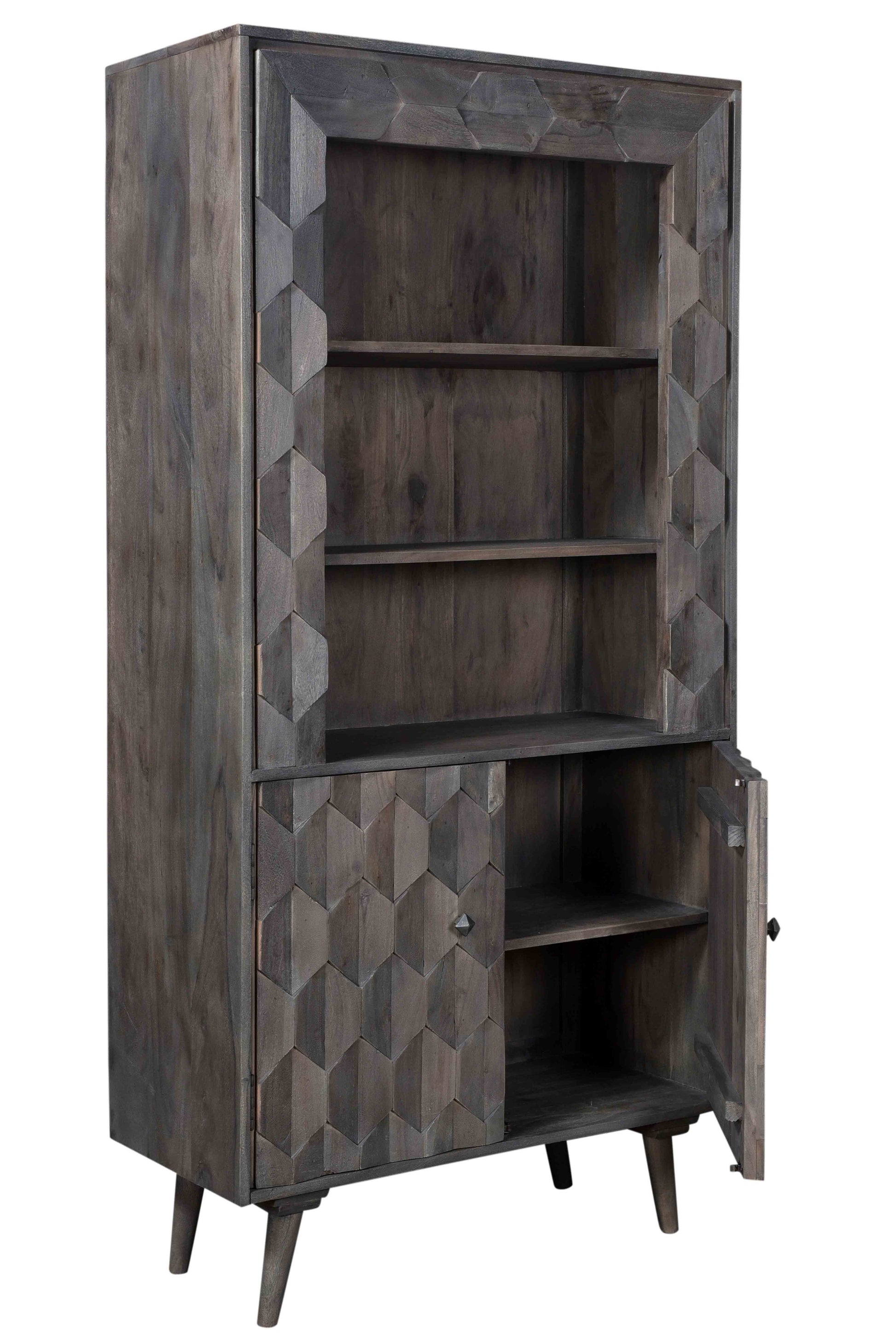 Gray Distressed Solid Wood Three Tier Bookcase with Two Doors By Homeroots | Bookcases | Modishstore - 2