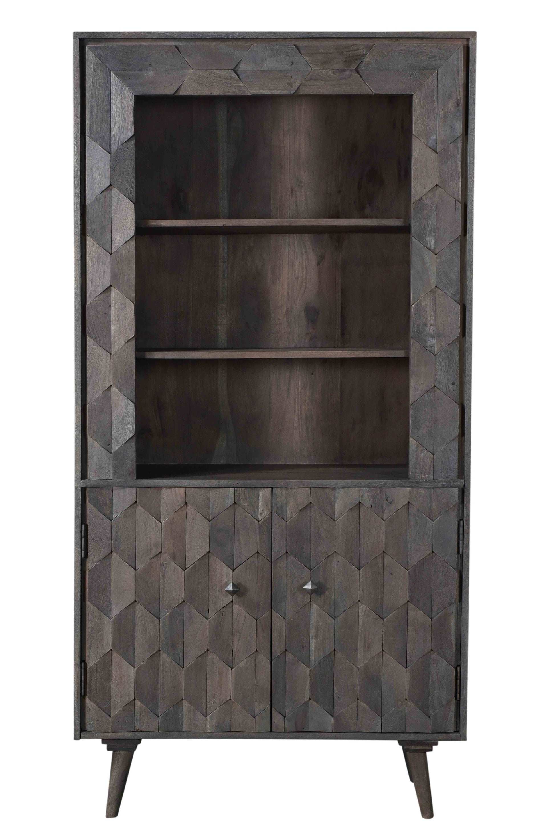 Gray Distressed Solid Wood Three Tier Bookcase with Two Doors By Homeroots | Bookcases | Modishstore - 7