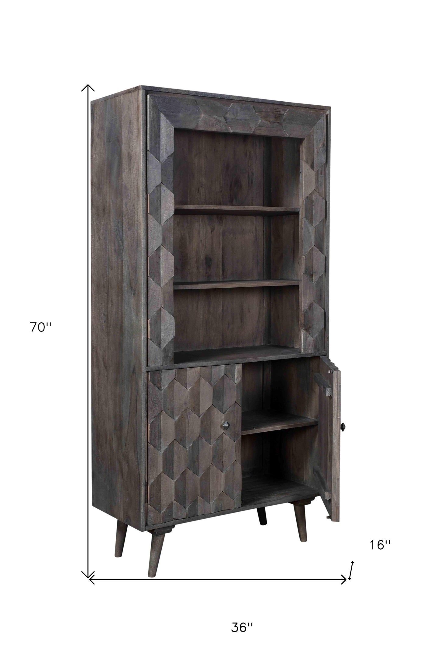 Gray Distressed Solid Wood Three Tier Bookcase with Two Doors By Homeroots | Bookcases | Modishstore - 6