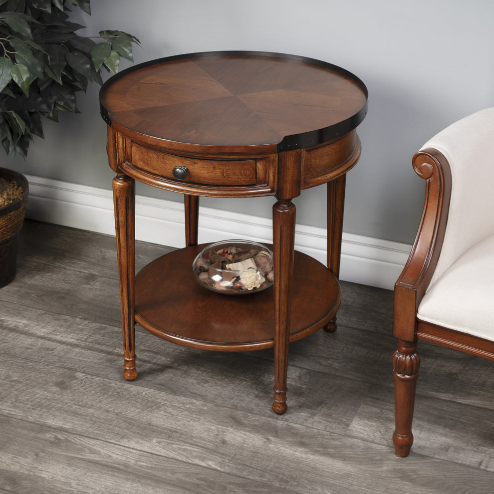 Medium Brown Manufactured Wood Round End Table With Drawer And Shelf By Homeroots | End Tables | Modishstore - 8