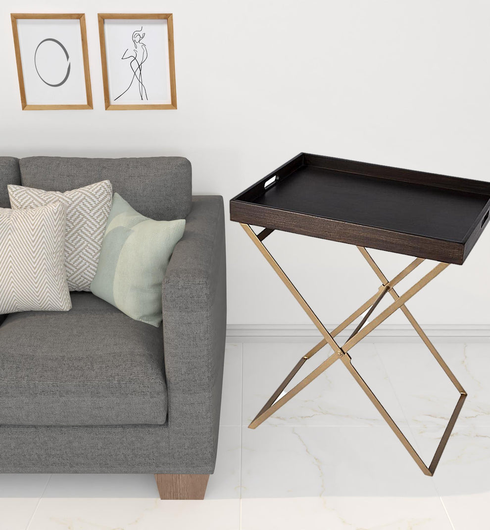 Gold And Walnut Solid Wood Rectangular End Table By Homeroots | End Tables | Modishstore - 7