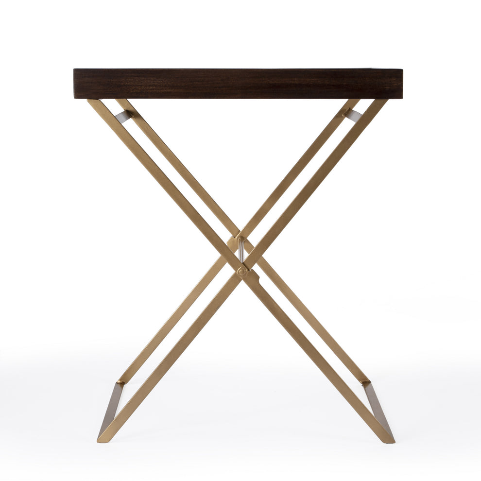 Gold And Walnut Solid Wood Rectangular End Table By Homeroots | End Tables | Modishstore - 3