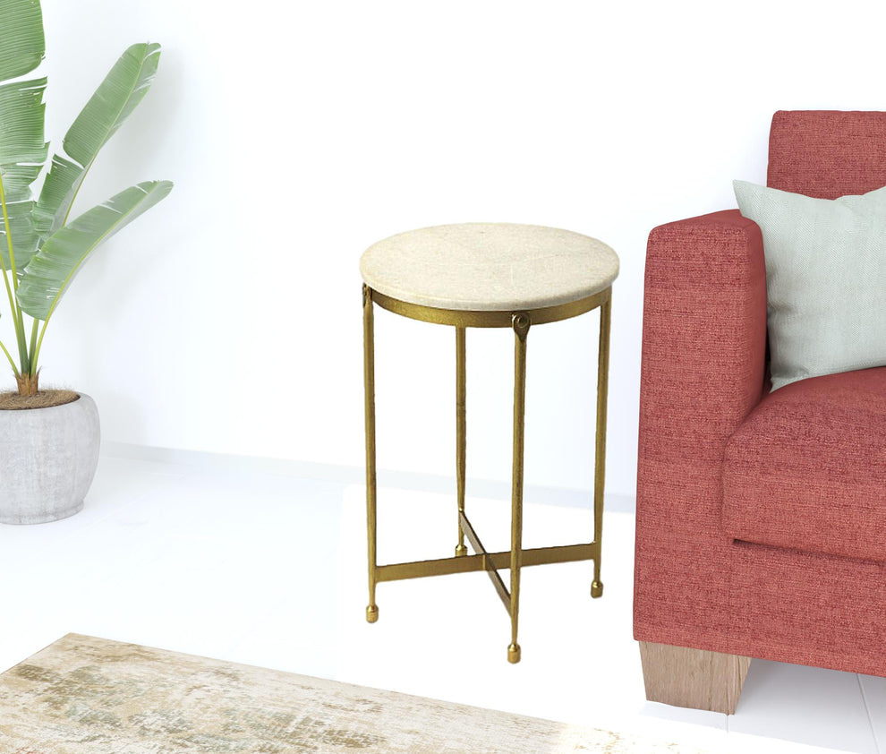 Antiqued Gold And White Marble Round End Table By Homeroots | End Tables | Modishstore - 3