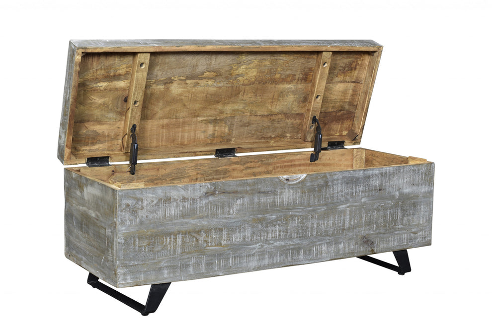 Gray and Black Distressed Solid Wood Storage Bench with Flip Top By Homeroots | Benches | Modishstore - 4