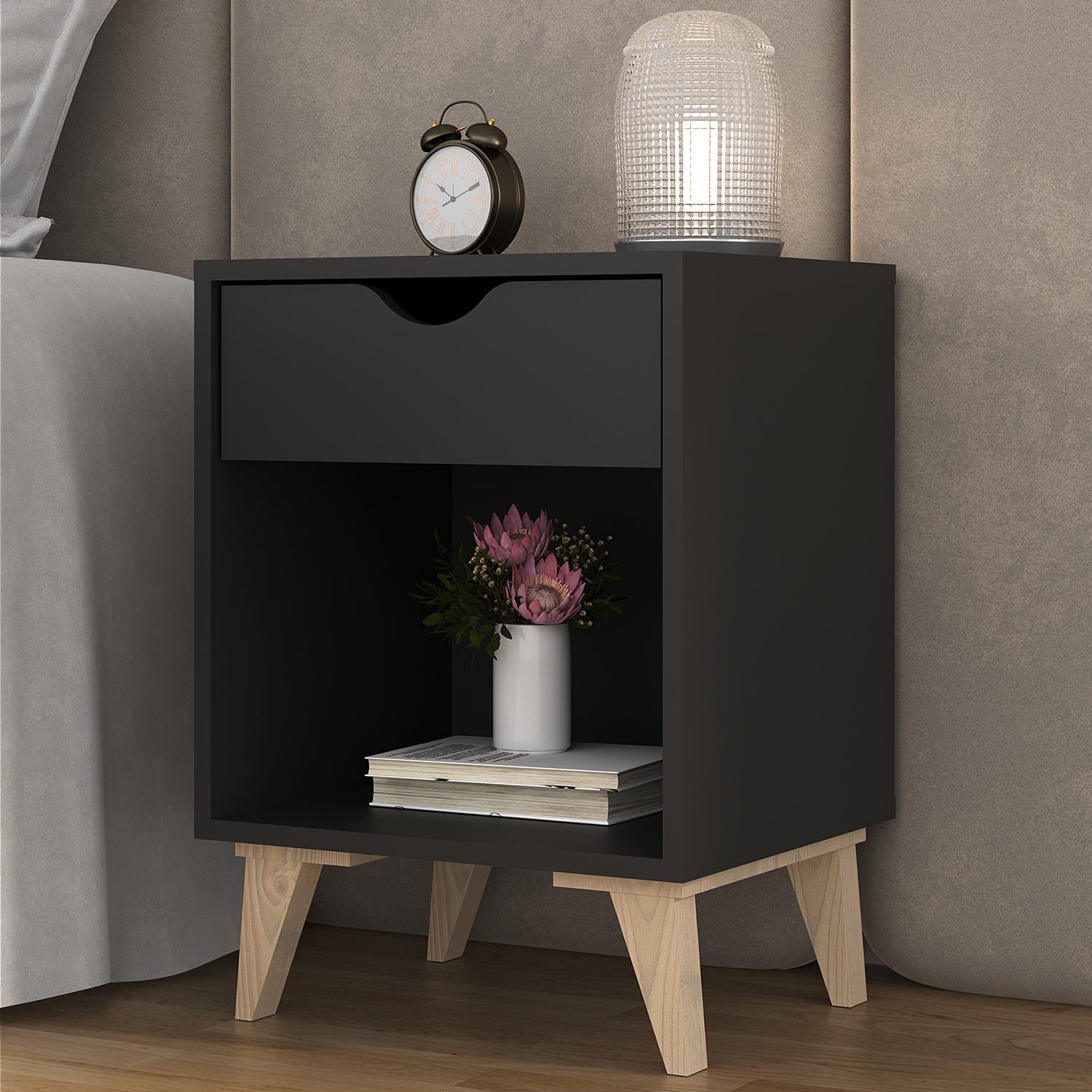 Black One Drawer Nightstand By Homeroots | Nightstands | Modishstore - 4