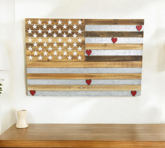 Brown and Gray Stars And Stripes Wood and Metal Hanging Dimensional Sculpture By Homeroots | Wall Decor | Modishstore - 1