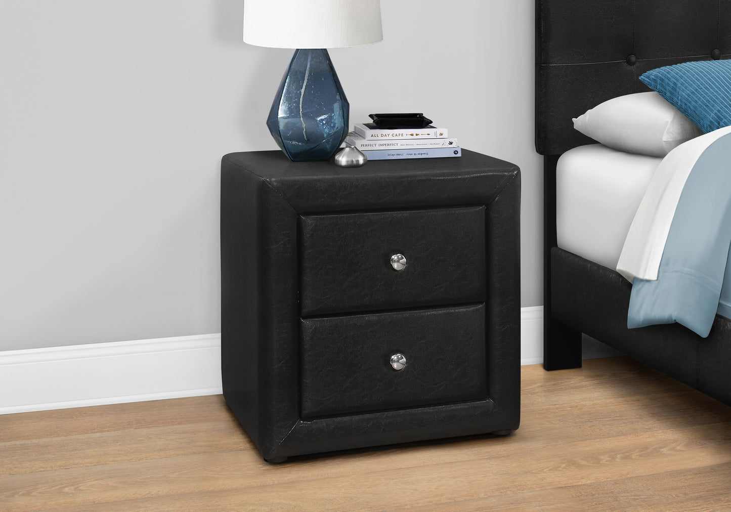 Black Faux Leather Two Drawer Nightstand By Homeroots | Nightstands | Modishstore - 3
