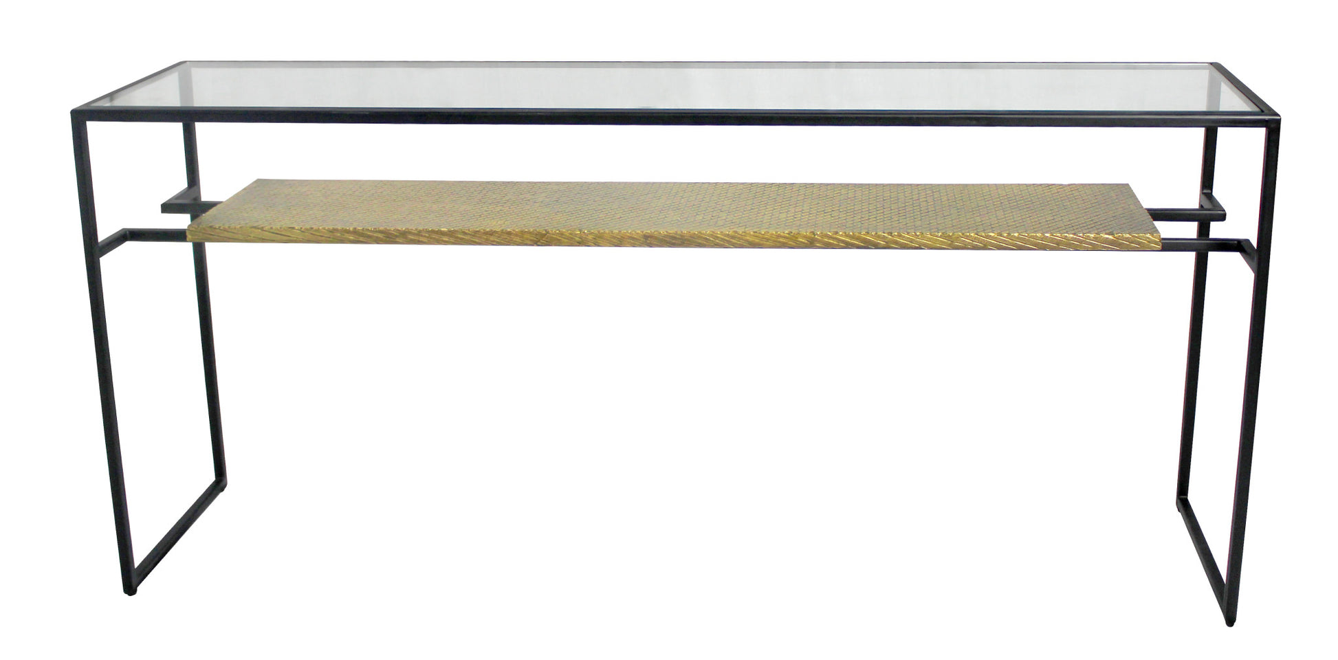 Clear Black and Gold Glass Sled Console Table With Shelves By Homeroots | Console Tables | Modishstore - 6