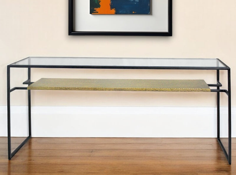 Clear Black and Gold Glass Sled Console Table With Shelves By Homeroots | Console Tables | Modishstore - 1