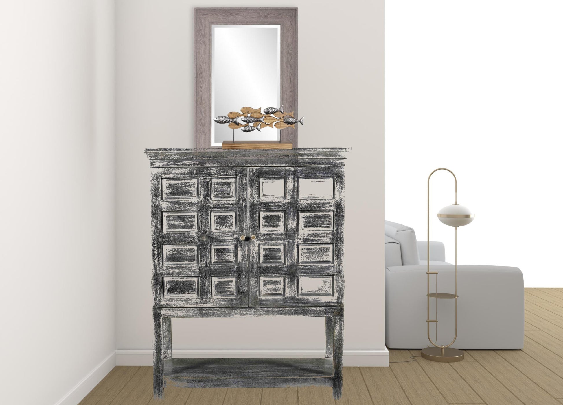 Distressed Wash Dark Gray Solid Wood Two Door Accent Cabinet By Homeroots | Cabinets | Modishstore - 4