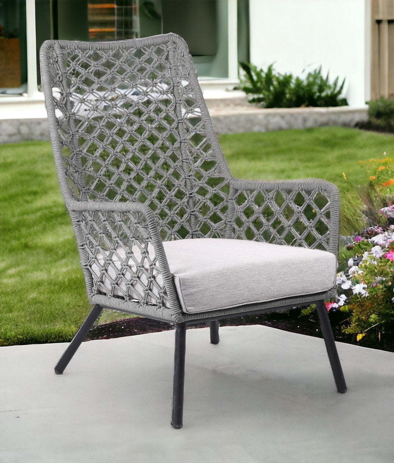Gray and Black Steel Indoor Outdoor Dining Chair with Gray Cushion By Homeroots | Outdoor Chairs | Modishstore - 1