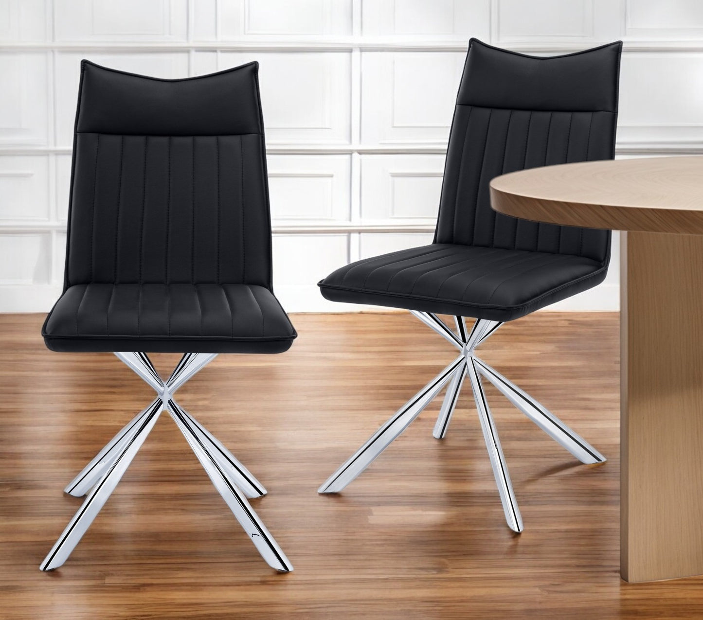 Set of Two Tufted Black And Silver Upholstered Faux Leather Dining Parsons Chairs By Homeroots | Dining Chairs | Modishstore - 1