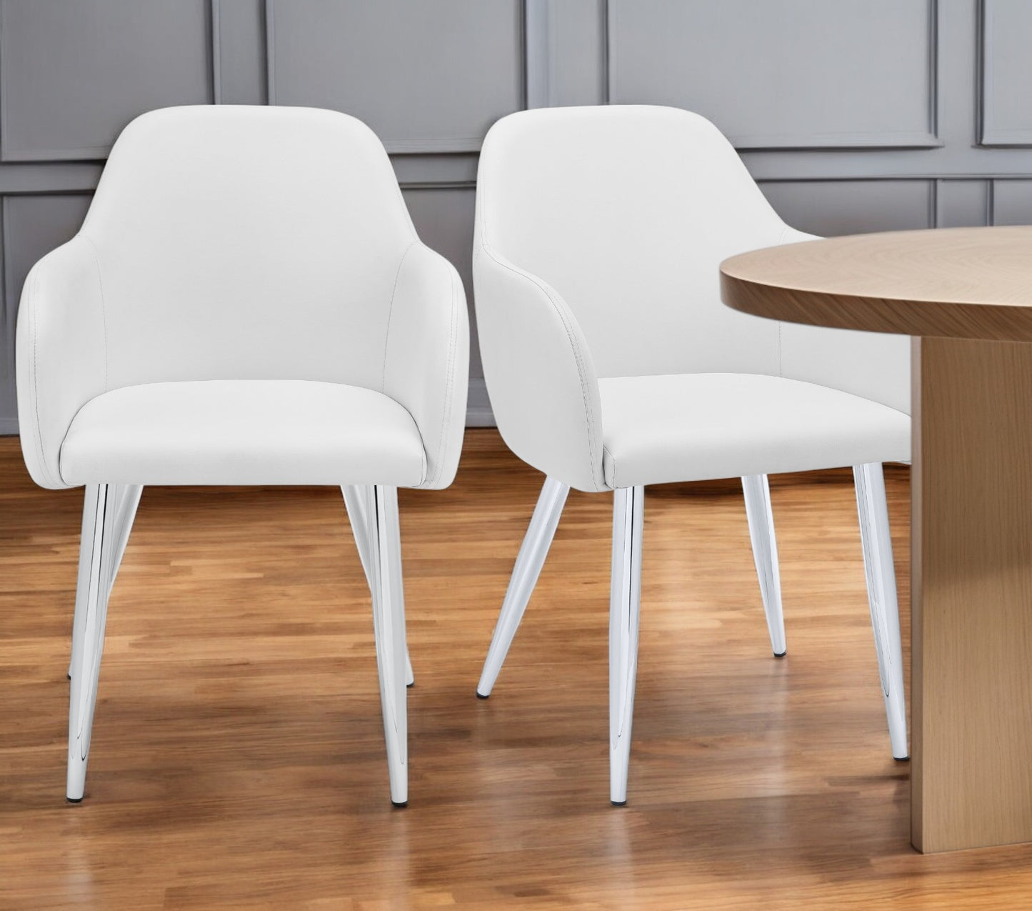 Set of Two White And Silver Upholstered Faux Leather Dining Arm Chairs By Homeroots | Dining Chairs | Modishstore - 1