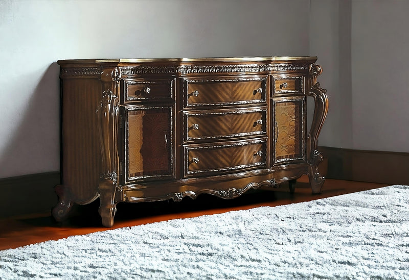 Brown Solid and Manufactured Wood Five Drawer Triple Dresser By Homeroots | Dressers | Modishstore - 1