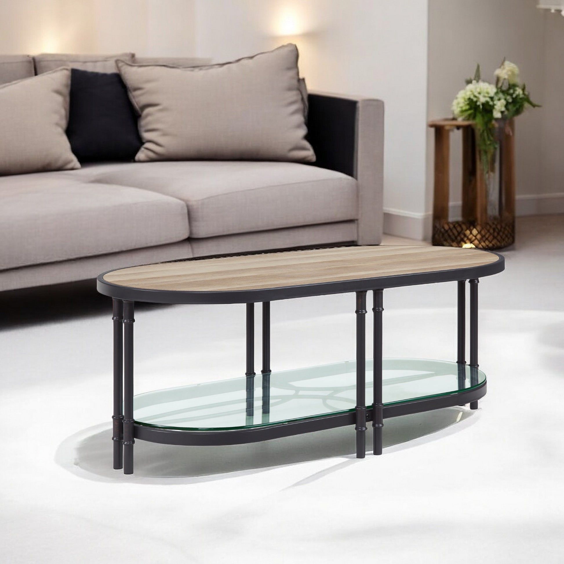 Natural Metal Oval Sled Coffee Table With Shelf By Homeroots | Coffee Tables | Modishstore - 1