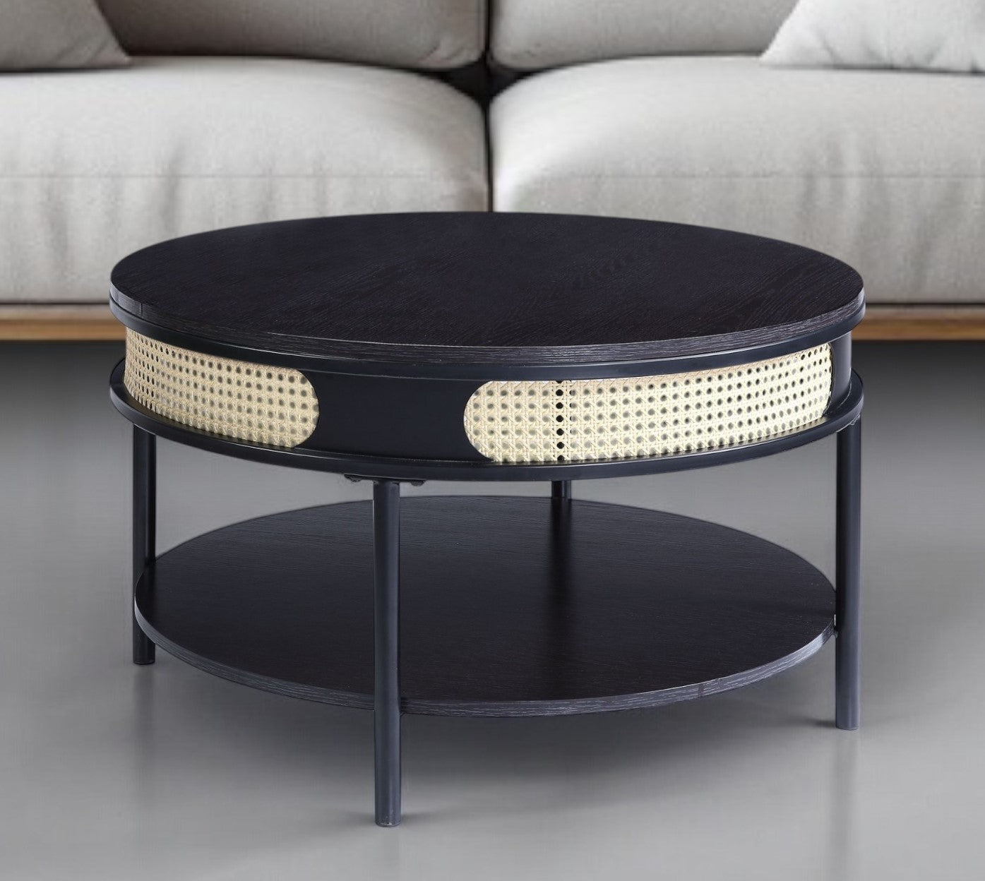 Black Wood And Metal Round Coffee Table With Shelf By Homeroots | Coffee Tables | Modishstore - 1