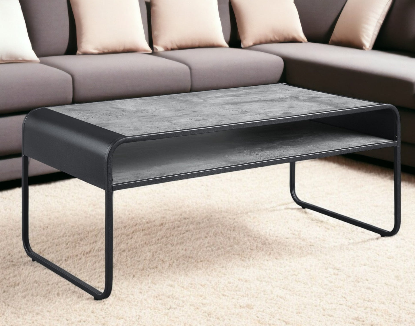 Gray and Black Concrete And Metal Sled Coffee Table With Shelf By Homeroots | Coffee Tables | Modishstore - 1