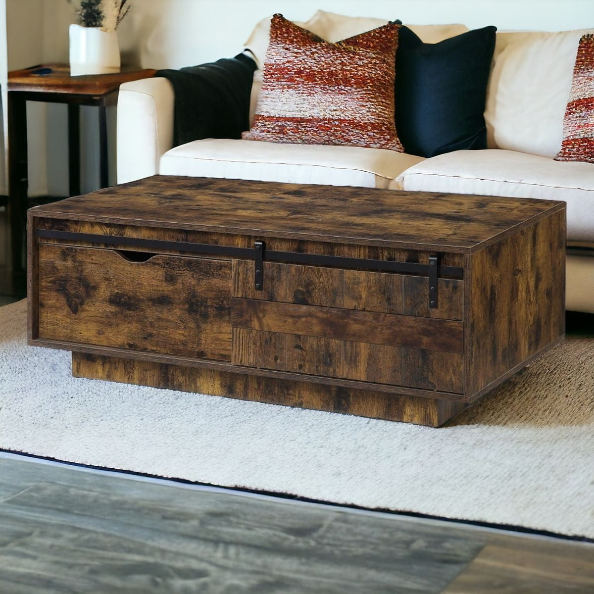 Brown and Black Melamine Veneer And Wood Coffee Table With Drawer And Shelf By Homeroots | Coffee Tables | Modishstore - 1