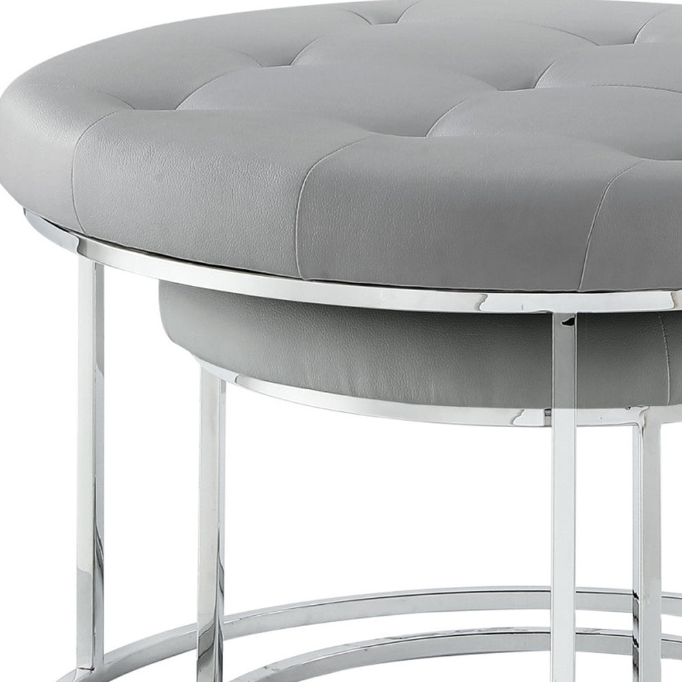 Set of Two Gray Faux Leather and Silver Tufted Round Ottomans By Homeroots | Ottomans | Modishstore - 3