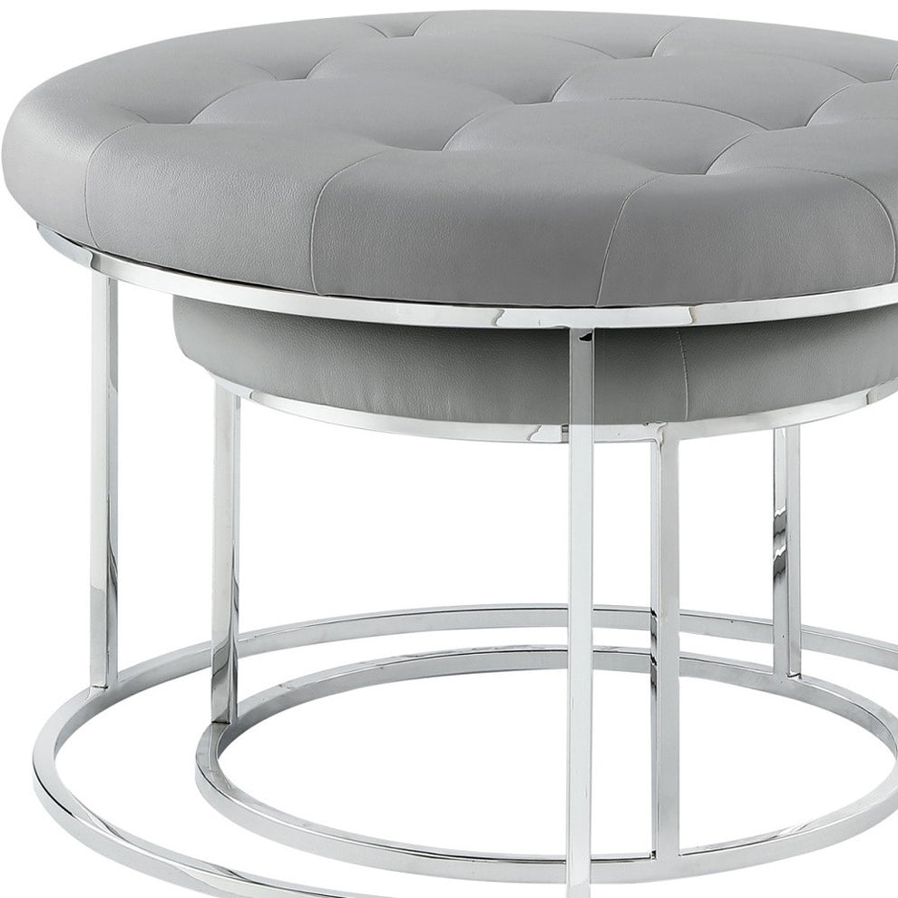 Set of Two Gray Faux Leather and Silver Tufted Round Ottomans By Homeroots | Ottomans | Modishstore - 8