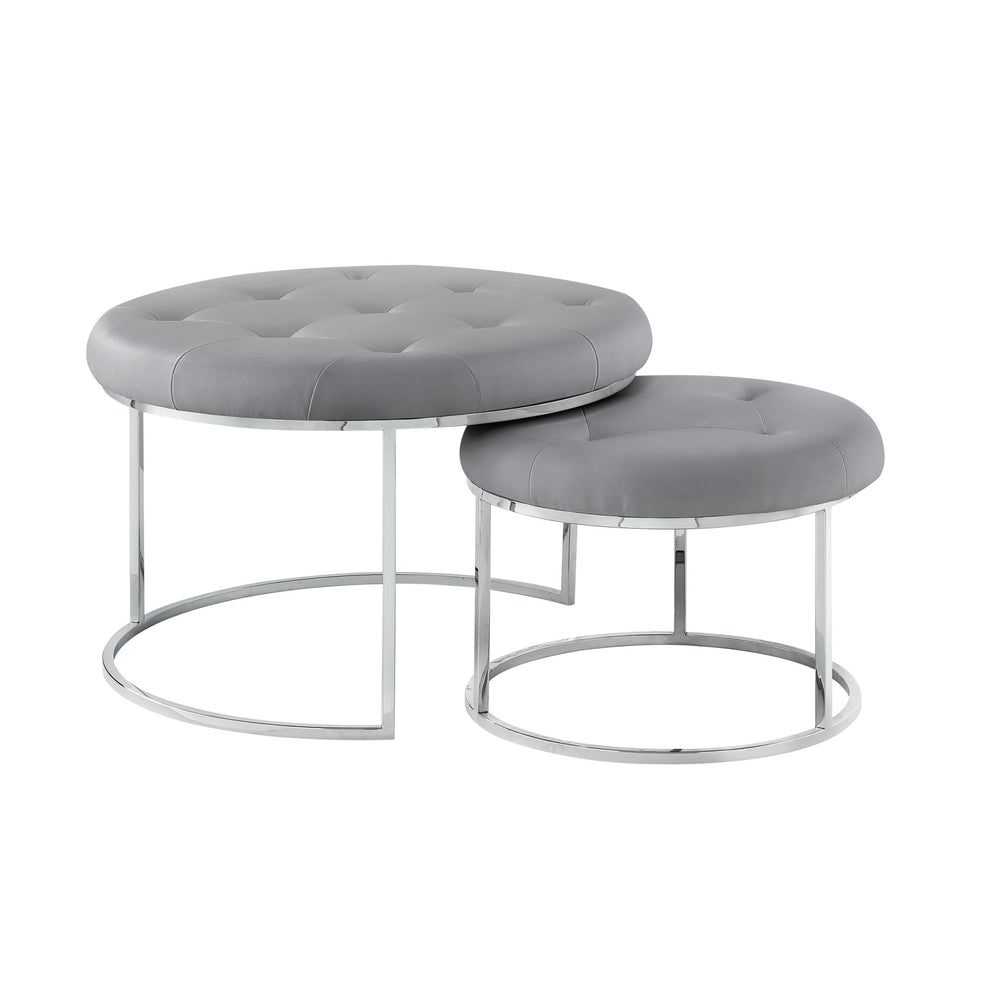 Set of Two Gray Faux Leather and Silver Tufted Round Ottomans By Homeroots | Ottomans | Modishstore - 7